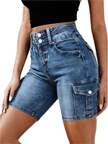 Flamingals Mid Waist Denim Shorts for Women Mid Thigh Length Dual Button Trendy Elastic Cargo Jean Shorts with Flap Pocket in Kuwait