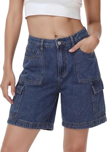 Bermuda Shorts for Women Casual Cargo Long Shorts Knee Length High Waisted Stretch Wide Leg Denim Jorts for Summer in Saudi Arabia