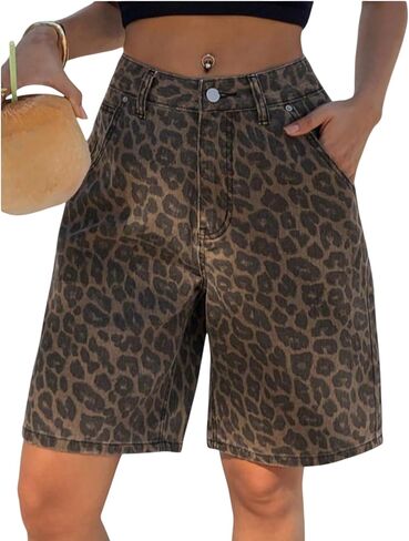 Jean Shorts for Women Stretchy High Waisted Trendy Cheetah Leopard Animal Print Bermuda Denim Shorts Summer Jorts in Kuwait