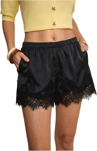 MakeMeChic Women's Satin Lace Shorts Summer Wide Leg Lounge Pajama Silk Mini Shorts in Saudi Arabia