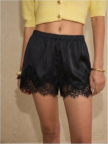 MakeMeChic Women's Satin Lace Shorts Summer Wide Leg Lounge Pajama Silk Mini Shorts in Saudi Arabia