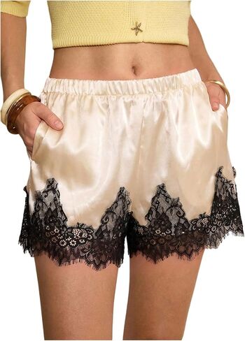 MakeMeChic Women's Satin Lace Shorts Summer Wide Leg Lounge Pajama Silk Mini Shorts in Saudi Arabia