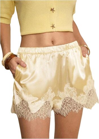 MakeMeChic Women's Satin Lace Shorts Summer Wide Leg Lounge Pajama Silk Mini Shorts in Saudi Arabia