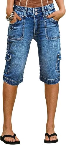 Flamingals High Waist Denim Bermuda Shorts for Women Dual Button Knee Length Summer Casual Jean Shorts with Flap Pockets in Kuwait