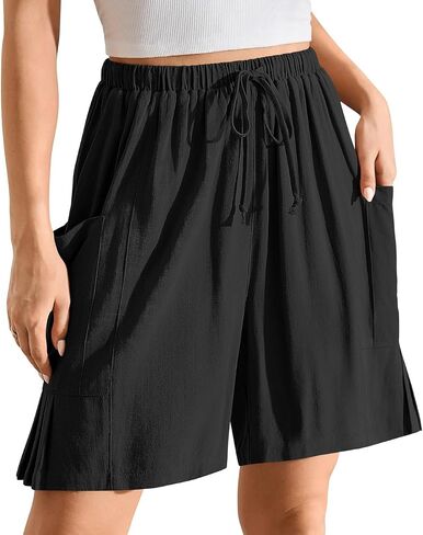 TARSE Women's Linen Bermuda Shorts Casual Wide Leg Drawstring High Waisted Summer Loose Beach Long Shorts with Pockets in Kuwait