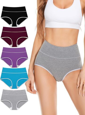 Women's High Waisted Cotton Underwear Full Coverage Soft Breathable Stretch Briefs 5 Pack (Regular & Plus Size) in Saudi Arabia