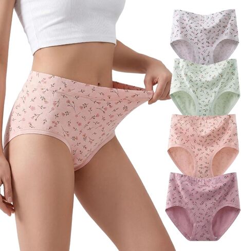 MOSSRIVER Seniors Women Cotton Underwear High Waisted Full Coverage Postpartum Briefs Floral Print Ladies Panties 4 Pack in Saudi Arabia