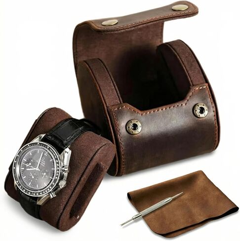 Vintage Genuine Leather 1 Slot Watch Roll Travel Case Organizer with Pillow & Bonus Maintenance Kit - Sturdy Full Grain Crazy Horse Luxury Display Storage Box & Travel Accessories Gift for Men in Kuwait