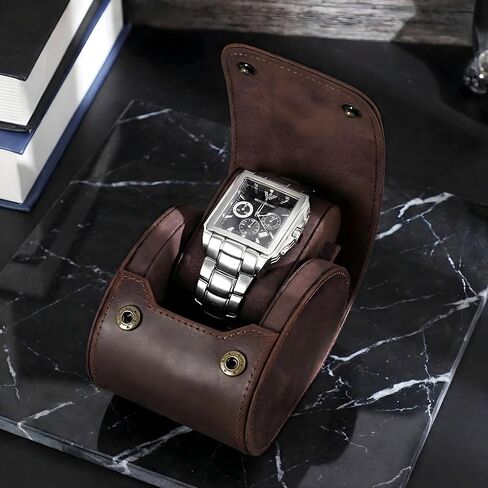 Vintage Genuine Leather 1 Slot Watch Roll Travel Case Organizer with Pillow & Bonus Maintenance Kit - Sturdy Full Grain Crazy Horse Luxury Display Storage Box & Travel Accessories Gift for Men in Kuwait