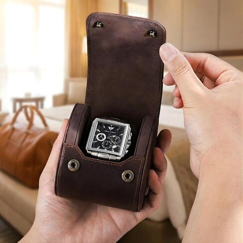 Vintage Genuine Leather 1 Slot Watch Roll Travel Case Organizer with Pillow & Bonus Maintenance Kit - Sturdy Full Grain Crazy Horse Luxury Display Storage Box & Travel Accessories Gift for Men in Kuwait