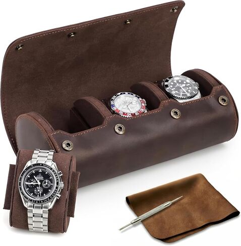 Vintage Genuine Leather 1 Slot Watch Roll Travel Case Organizer with Pillow & Bonus Maintenance Kit - Sturdy Full Grain Crazy Horse Luxury Display Storage Box & Travel Accessories Gift for Men in Kuwait