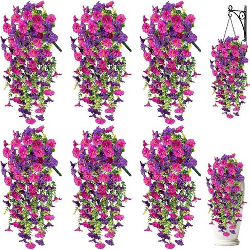 Artificial Hanging Flowers for Outdoors, 6 PCS Silk Morning Glory Artificial Flowers with Eucalyptus Leaves, UV Resistant Fake Flower Realistic Faux Plants for Home Patio Porch Garden, Purple+Fuchsia in Saudi Arabia