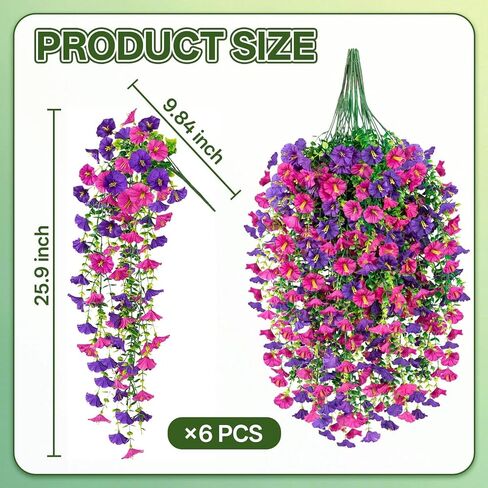 Artificial Hanging Flowers for Outdoors, 6 PCS Silk Morning Glory Artificial Flowers with Eucalyptus Leaves, UV Resistant Fake Flower Realistic Faux Plants for Home Patio Porch Garden, Purple+Fuchsia in Saudi Arabia