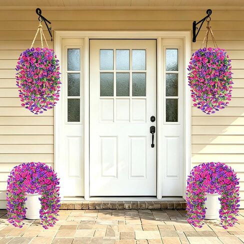 Artificial Hanging Flowers for Outdoors, 6 PCS Silk Morning Glory Artificial Flowers with Eucalyptus Leaves, UV Resistant Fake Flower Realistic Faux Plants for Home Patio Porch Garden, Purple+Fuchsia in Saudi Arabia