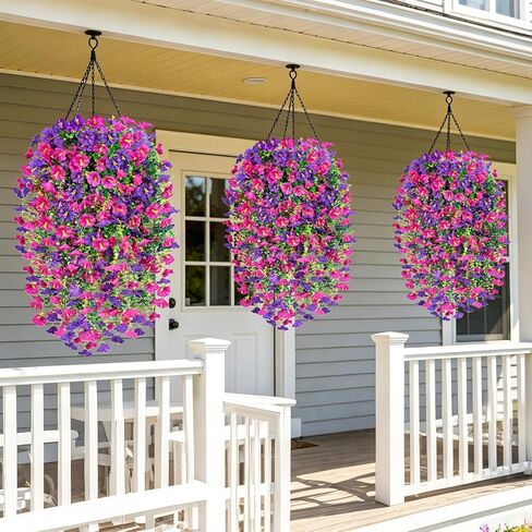 Artificial Hanging Flowers for Outdoors, 6 PCS Silk Morning Glory Artificial Flowers with Eucalyptus Leaves, UV Resistant Fake Flower Realistic Faux Plants for Home Patio Porch Garden, Purple+Fuchsia in Saudi Arabia