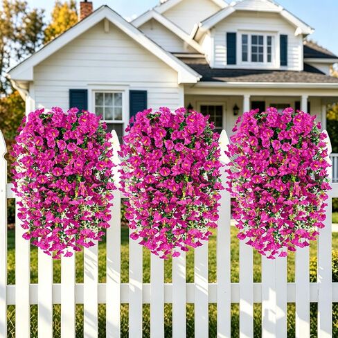 Artificial Hanging Flowers for Outdoors, 6 PCS Silk Morning Glory Artificial Flowers with Eucalyptus Leaves, UV Resistant Fake Flower Realistic Faux Plants for Home Patio Porch Garden, Purple+Fuchsia in Saudi Arabia
