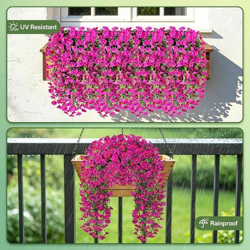Artificial Hanging Flowers for Outdoors, 6 PCS Silk Morning Glory Artificial Flowers with Eucalyptus Leaves, UV Resistant Fake Flower Realistic Faux Plants for Home Patio Porch Garden, Purple+Fuchsia in Saudi Arabia