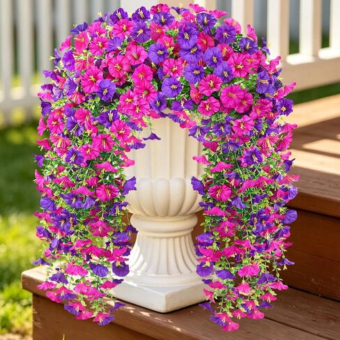Artificial Hanging Flowers for Outdoors, 6 PCS Silk Morning Glory Artificial Flowers with Eucalyptus Leaves, UV Resistant Fake Flower Realistic Faux Plants for Home Patio Porch Garden, Purple+Fuchsia in Saudi Arabia
