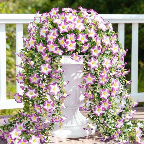 Artificial Hanging Flowers for Outdoors, 6 PCS Silk Morning Glory Artificial Flowers with Eucalyptus Leaves, UV Resistant Fake Flower Realistic Faux Plants for Home Patio Porch Garden, Purple+Fuchsia in Saudi Arabia