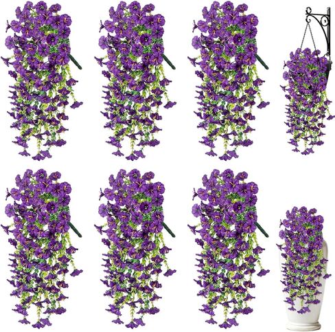 Artificial Hanging Flowers for Outdoors, 6 PCS Silk Morning Glory Artificial Flowers with Eucalyptus Leaves, UV Resistant Fake Flower Realistic Faux Plants for Home Patio Porch Garden, Purple+Fuchsia in Saudi Arabia