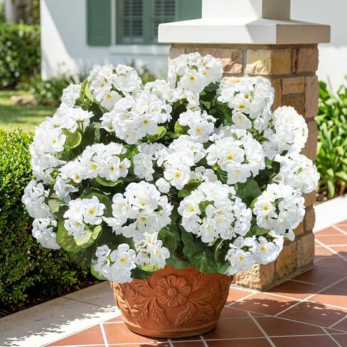 Fake Geraniums Artificial Flowers for Outdoors Outside, 6 Bundles White Silk Geraniums Fake Flowers Plants Realistic UV Resistant Faux Flowers for Outdoor Planters Garden Balcony Yard Porch Indoor in Saudi Arabia