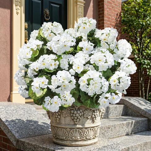 Fake Geraniums Artificial Flowers for Outdoors Outside, 6 Bundles White Silk Geraniums Fake Flowers Plants Realistic UV Resistant Faux Flowers for Outdoor Planters Garden Balcony Yard Porch Indoor in Saudi Arabia
