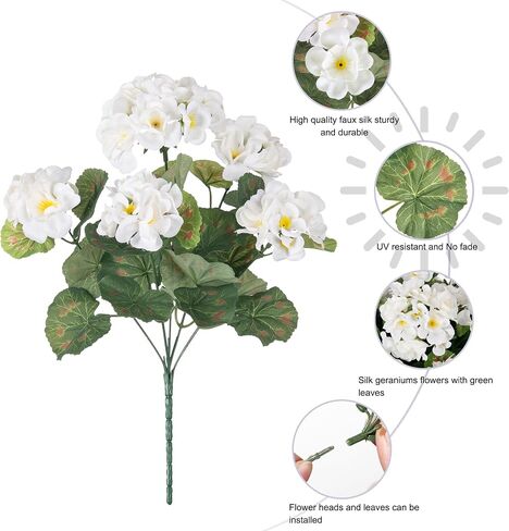 Fake Geraniums Artificial Flowers for Outdoors Outside, 6 Bundles White Silk Geraniums Fake Flowers Plants Realistic UV Resistant Faux Flowers for Outdoor Planters Garden Balcony Yard Porch Indoor in Saudi Arabia