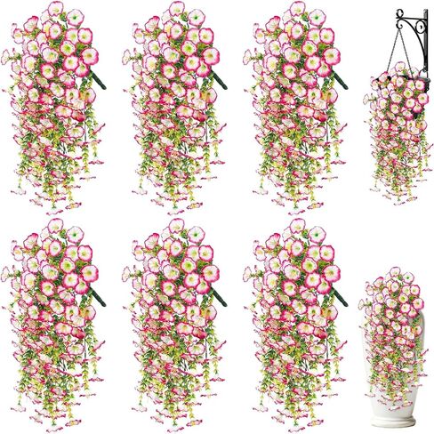 Artificial Hanging Flowers for Outdoors, 6 PCS Silk Morning Glory Artificial Flowers with Eucalyptus Leaves, UV Resistant Fake Flower Realistic Faux Plants for Home Patio Porch Garden, Purple+Fuchsia in Saudi Arabia