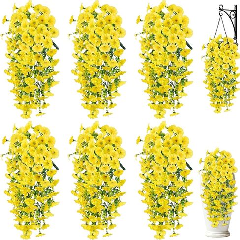 Artificial Hanging Flowers for Outdoors, 6 PCS Silk Morning Glory Artificial Flowers with Eucalyptus Leaves, UV Resistant Fake Flower Realistic Faux Plants for Home Patio Porch Garden, Purple+Fuchsia in Saudi Arabia