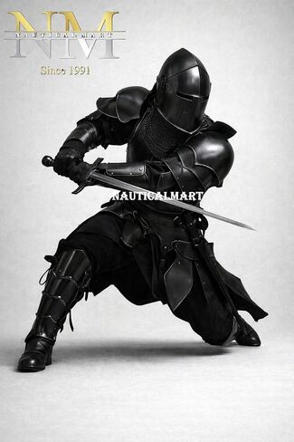 بدلة NauticalMart Black Barbuta Knight Armor - مقاس 18 من الصلب يمكن ارتداؤها في العصور الوسطى لإعادة تمثيل الهالوين بدلة سوداء لكامل الجسم Barbuta Armor Warrior إعادة تمثيل ودرع العرض in Kuwait