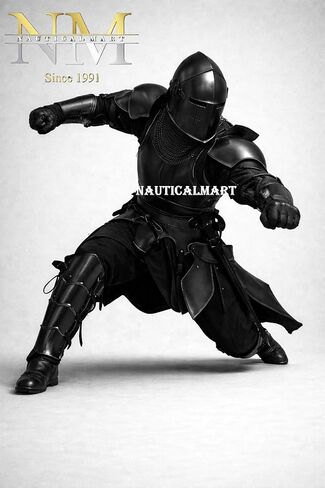 بدلة NauticalMart Black Barbuta Knight Armor - مقاس 18 من الصلب يمكن ارتداؤها في العصور الوسطى لإعادة تمثيل الهالوين بدلة سوداء لكامل الجسم Barbuta Armor Warrior إعادة تمثيل ودرع العرض in Kuwait