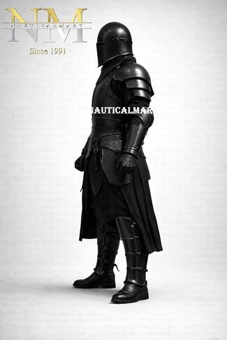 بدلة NauticalMart Black Barbuta Knight Armor - مقاس 18 من الصلب يمكن ارتداؤها في العصور الوسطى لإعادة تمثيل الهالوين بدلة سوداء لكامل الجسم Barbuta Armor Warrior إعادة تمثيل ودرع العرض in Kuwait