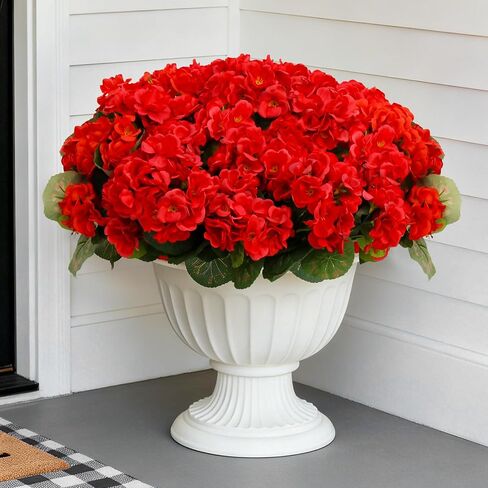 8 Bundles Artificial Geranium Fake Flowers for Outdoor UV Resistant, Outside Spring Red Flower Decoration for Home Kitchen Table Cemetery Garden Planter, Front Door Silk Faux Plants in Saudi Arabia