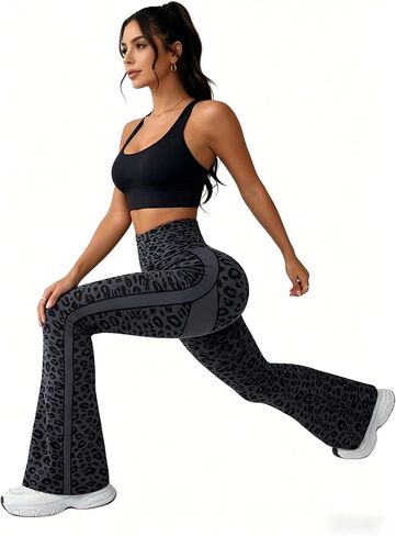 Womens Leopard Print Flare Yoga Pants High Waisted Bootcut Leggings Tummy Control Workout Gym Flared Pants in Saudi Arabia