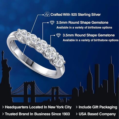Gem Stone King 5-Stone Lab Grown Diamond Wedding-Bands Ring For Women | 925 Sterling Silver | 0.85 Cttw | Round 3.5MM | Gemstone April Birthstone | DEF Color | VVS-VS Clarity in Kuwait