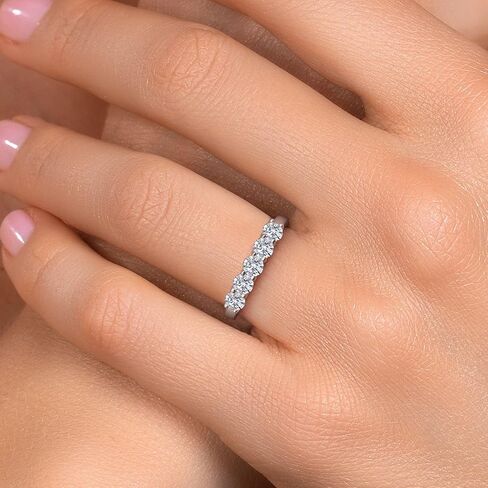 Gem Stone King 5-Stone Lab Grown Diamond Wedding-Bands Ring For Women | 925 Sterling Silver | 0.85 Cttw | Round 3.5MM | Gemstone April Birthstone | DEF Color | VVS-VS Clarity in Kuwait