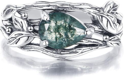 Black Oxidation Branch Rectangle/Hexagon/Kite/Pear Moss Agate Ring for Women 925 Sterling Silver Retro Green Stone Promise Ring with Vine Leaf Vintage for Wife women in Saudi Arabia