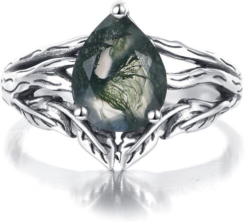 Black Oxidation Branch Rectangle/Hexagon/Kite/Pear Moss Agate Ring for Women 925 Sterling Silver Retro Green Stone Promise Ring with Vine Leaf Vintage for Wife women in Saudi Arabia