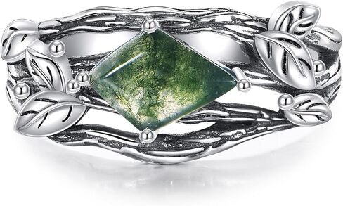 Black Oxidation Branch Rectangle/Hexagon/Kite/Pear Moss Agate Ring for Women 925 Sterling Silver Retro Green Stone Promise Ring with Vine Leaf Vintage for Wife women in Saudi Arabia
