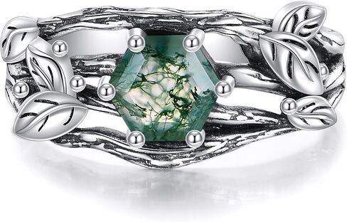 Black Oxidation Branch Rectangle/Hexagon/Kite/Pear Moss Agate Ring for Women 925 Sterling Silver Retro Green Stone Promise Ring with Vine Leaf Vintage for Wife women in Saudi Arabia