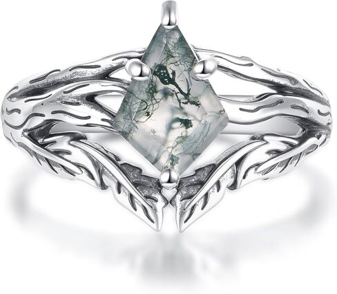 Black Oxidation Branch Rectangle/Hexagon/Kite/Pear Moss Agate Ring for Women 925 Sterling Silver Retro Green Stone Promise Ring with Vine Leaf Vintage for Wife women in Saudi Arabia