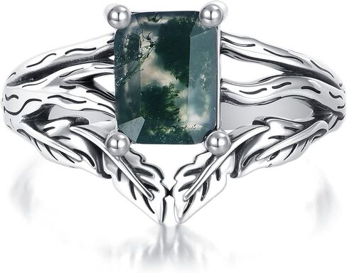 Black Oxidation Branch Rectangle/Hexagon/Kite/Pear Moss Agate Ring for Women 925 Sterling Silver Retro Green Stone Promise Ring with Vine Leaf Vintage for Wife women in Saudi Arabia
