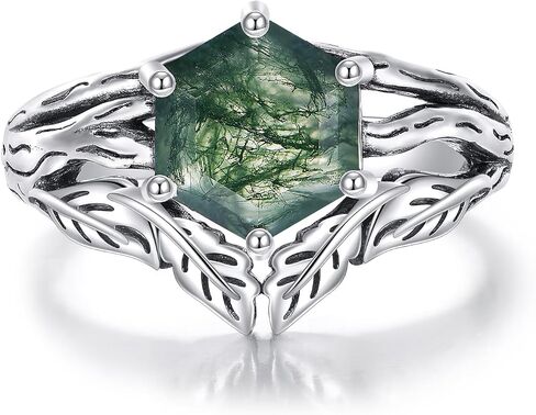 Black Oxidation Branch Rectangle/Hexagon/Kite/Pear Moss Agate Ring for Women 925 Sterling Silver Retro Green Stone Promise Ring with Vine Leaf Vintage for Wife women in Saudi Arabia