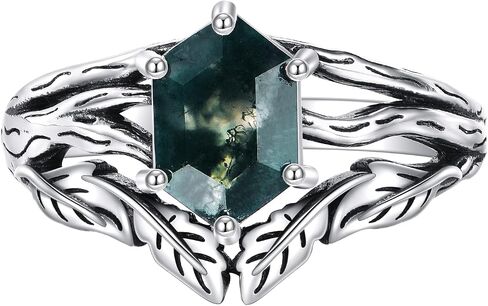 Black Oxidation Branch Rectangle/Hexagon/Kite/Pear Moss Agate Ring for Women 925 Sterling Silver Retro Green Stone Promise Ring with Vine Leaf Vintage for Wife women in Saudi Arabia
