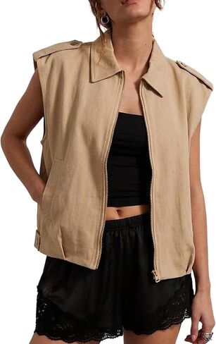 Women's Oversized Cargo Vest Sleeveless Zip Up Utility Jacket with Pockets Retro Ruched Hem Casual Layered Outerwear in Saudi Arabia