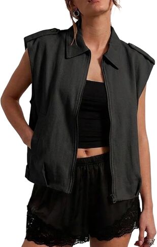 Women's Oversized Cargo Vest Sleeveless Zip Up Utility Jacket with Pockets Retro Ruched Hem Casual Layered Outerwear in Saudi Arabia