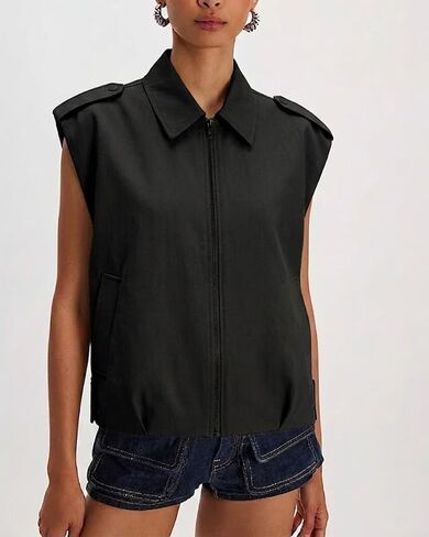 Women's Oversized Cargo Vest Sleeveless Zip Up Utility Jacket with Pockets Retro Ruched Hem Casual Layered Outerwear in Saudi Arabia