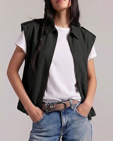 Women's Oversized Cargo Vest Sleeveless Zip Up Utility Jacket with Pockets Retro Ruched Hem Casual Layered Outerwear in Saudi Arabia