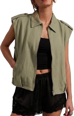 Women's Oversized Cargo Vest Sleeveless Zip Up Utility Jacket with Pockets Retro Ruched Hem Casual Layered Outerwear in Saudi Arabia