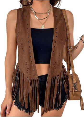 GORGLITTER Women's Plus Size Western Fringe Vest Cardigan 70s Hippie Tassel Sleeveless Open Front Jackets Cowgirl Outfit in Kuwait